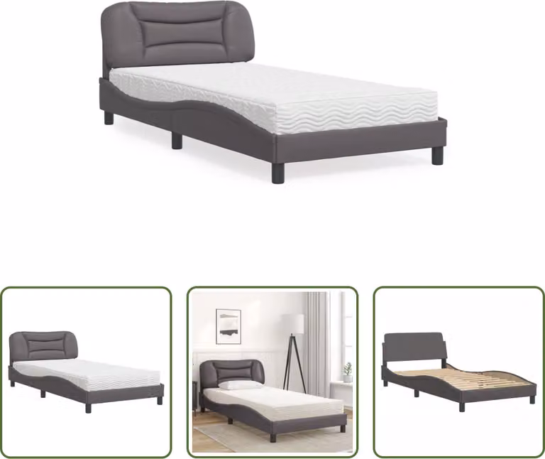 The Living Store Letto con materasso grigio 100x200 cm in ecopelle