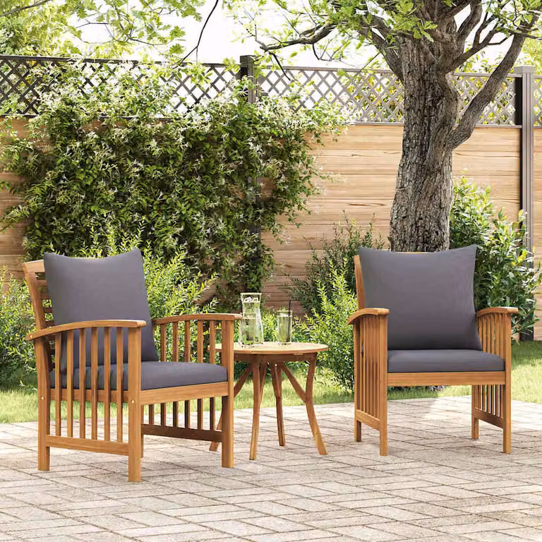 Set di 2 sedie da giardino vidaXL in legno di acacia oliato con cuscini grigi e braccioli