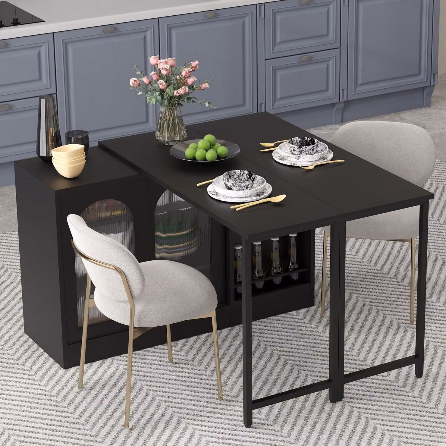 Tavolo pieghevole da pranzo con spazio contenitivo, tavolo da cucina allungabile, con cassetto e ripiani, colore nero, dimensioni 121,5 x 76,7 cm