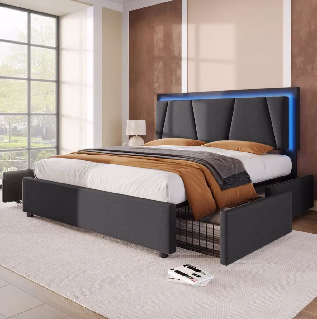 Letto matrimoniale MODFU con contenitore, 4 cassetti e illuminazione LED, grigio, L/P: 160 x 200 cm – 2
