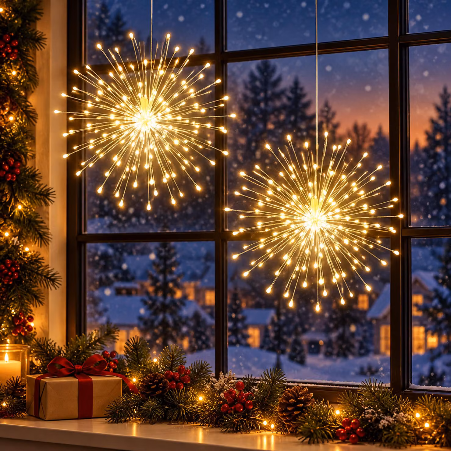 2 luci a LED "Sternburst" da 200 LED ciascuna, luce bianca calda, ideale per decorazioni natalizie, catena luminosa, filo di rame, decorazione per finestre, lampada a sospensione, set di luci. 8 modalità, dimmerabile, con telecomando