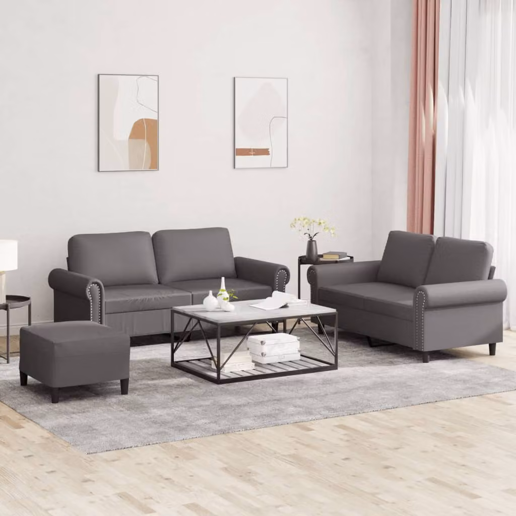 Set di divani da soggiorno vidaXL in similpelle grigia con cuscini e struttura moderna