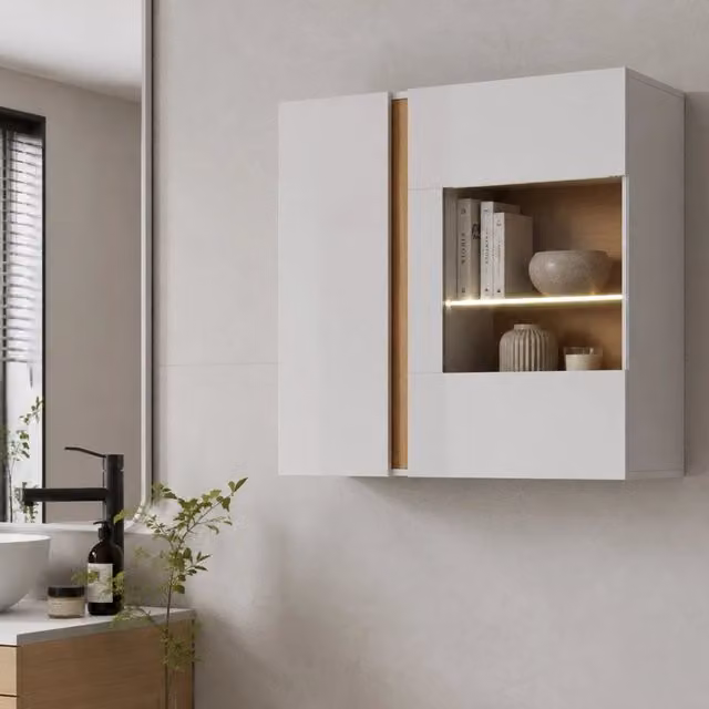 Mobile Pensile DMORA Kava per Soggiorno con Illuminazione LED, Bianco e Rovere, L: 96 cm, P: 31 cm, H: 83 cm
