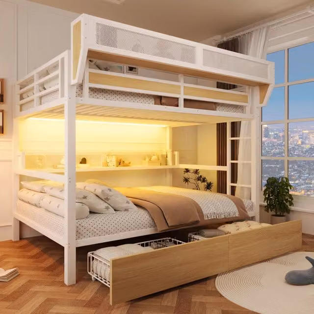 Letto a castello 140 x 200 cm; struttura in ferro; ripiano; cesto contenitore; 2 cassetti in ferro; illuminazione LED; bianco