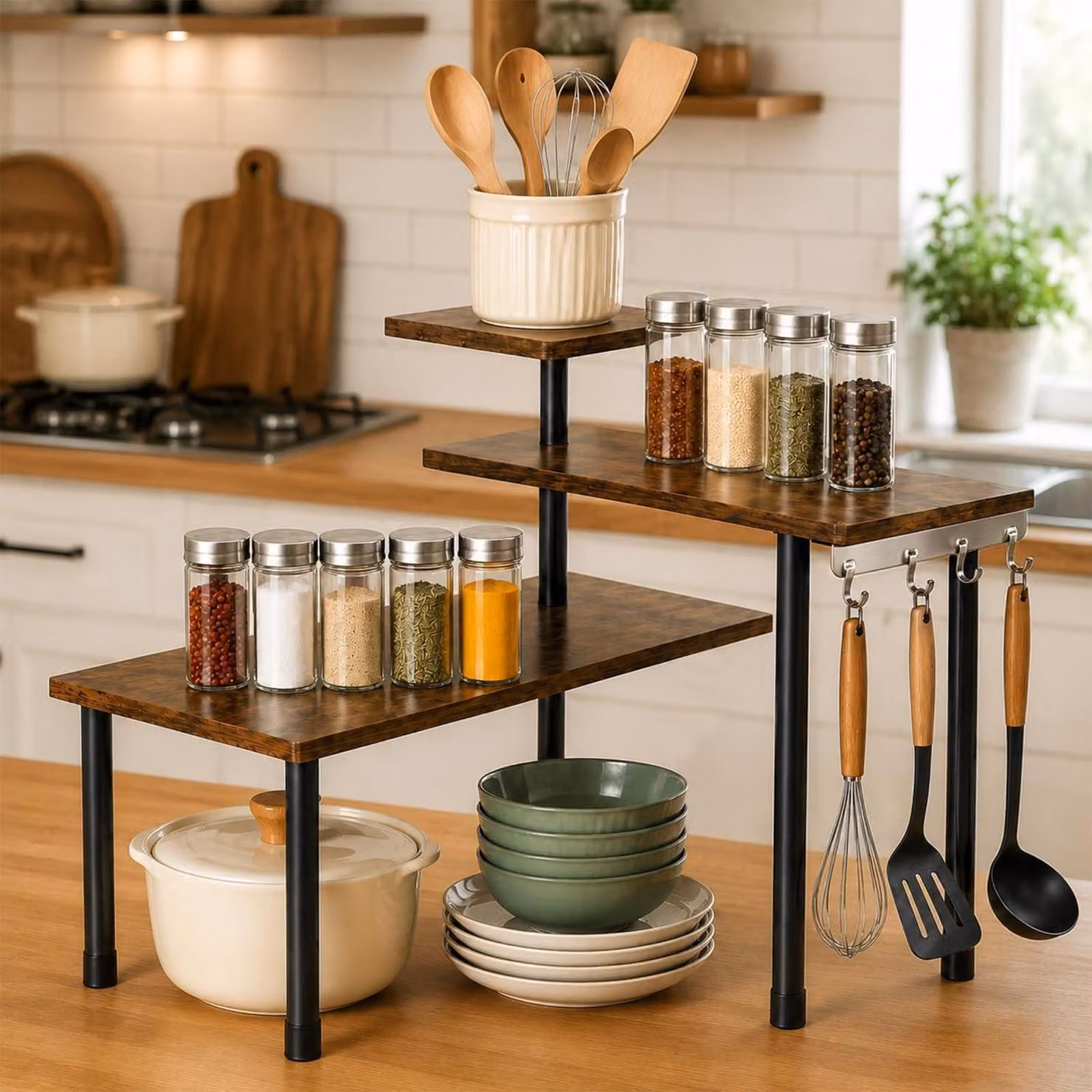 Ripiano angolare per cucina, piano di lavoro, 3 livelli, in legno, regolabile, organizer per cucina