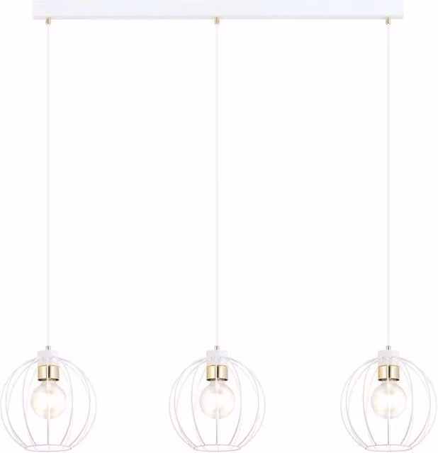 Lampada a sospensione industrial Tiwaz Luceart-Classic con 3 luci in metallo bianco e oro con paralumi a gabbia e altezza regolabile