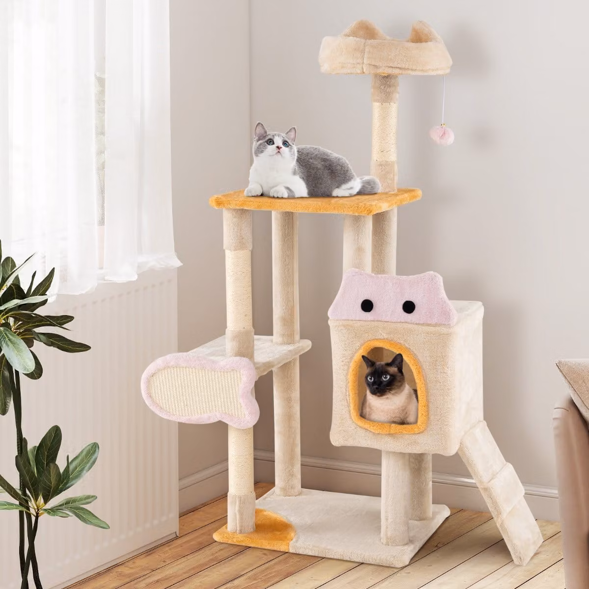 Albero per gatti da interno Costway beige con cuscino, amaca e giochi integrati