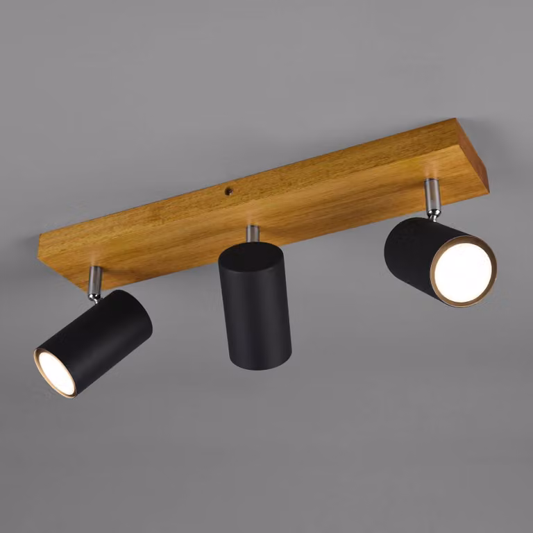Trio Lighting Faretto da soffitto Marley, nero opaco, a 3 luci dimmerabile, Legno chiaro, Soggiorno / Sala da pranzo, Metallo, Moderno, Faretto