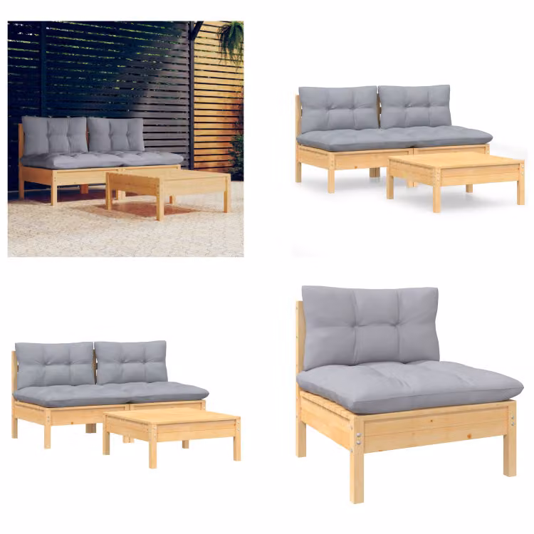 vidaXL Set da salotto da giardino 3 pezzi con cuscini grigi in legno di pino - set da salotto da giardino - set da salotto da giardino - set da salotto