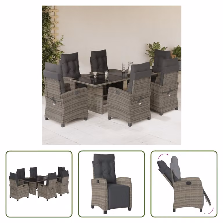 The Living Store Set da pranzo da giardino 7 pezzi con cuscini in poly rattan grigio