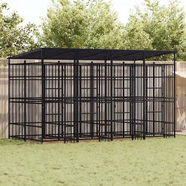 Gabbia per cani da esterno vidaXL in metallo nero con tetto resistente alle intemperie 7,37 m² – 1
