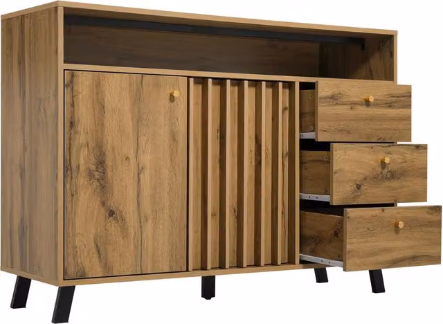 Mobile Comodino con 3 Cassetti, 2 Ante e Ripiano Aperto in Quercia Scura 120x40x85 cm, Stile Vintage