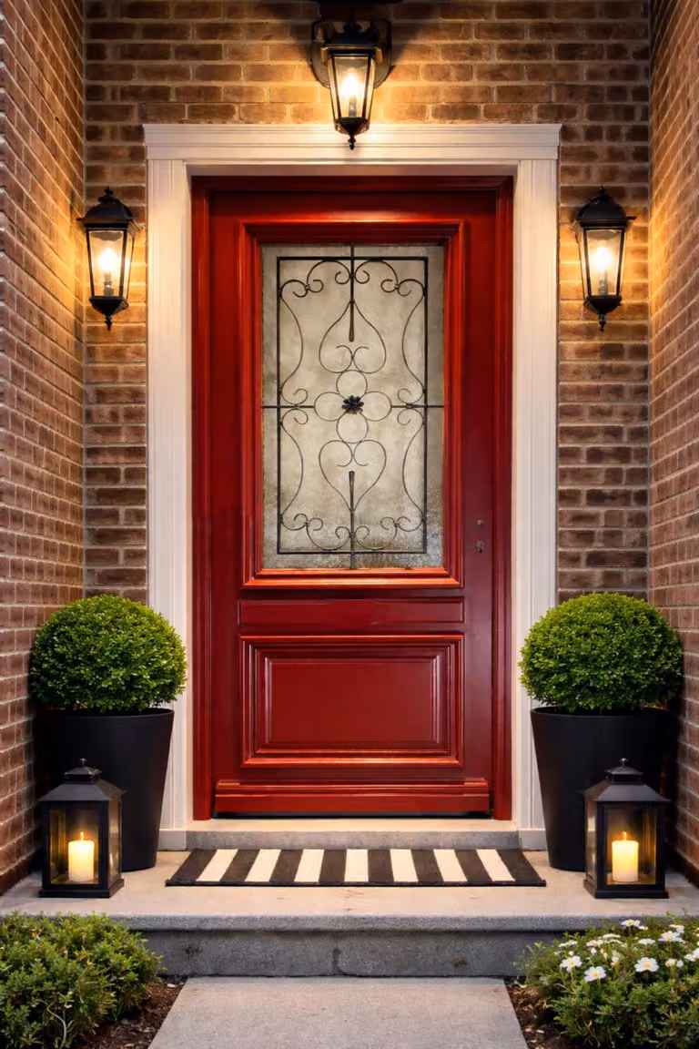 Porta d'ingresso in legno con vetrata Canada Rosso Porpora, H.215xL.90 cm, lato tavolo P, sinistra, maniglia, cilindro, pulsante, GD MENUISERIES