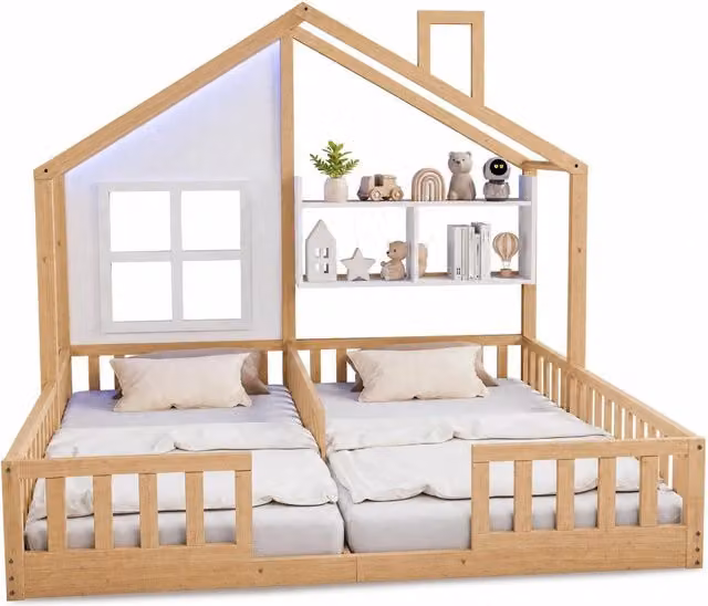 Letto doppio per bambini 2x90x200 cm a casetta con LED; ripiani e rete; legno naturale