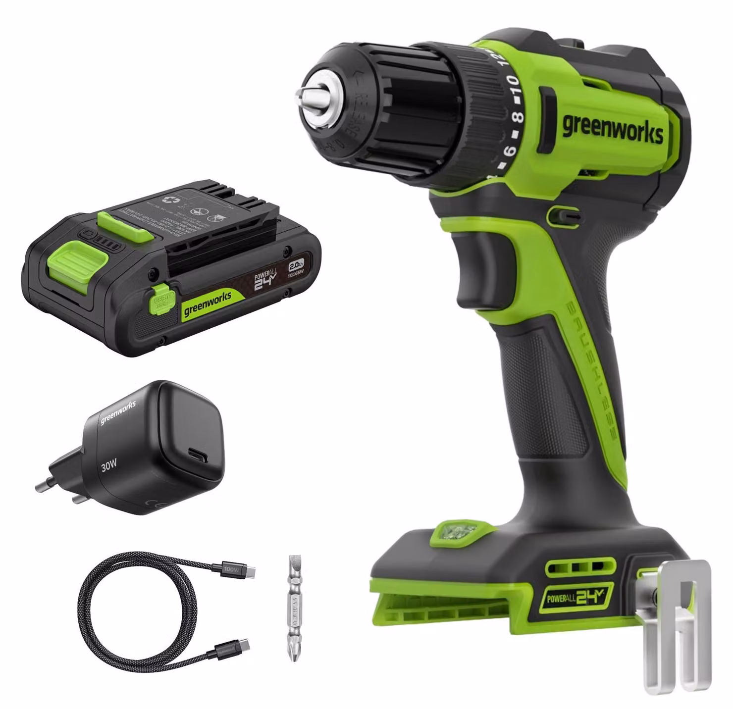 Trapano avvitatore a batteria Greenworks 24V brushless, con coppia di 35 Nm, incluso un pacco batteria da 2Ah