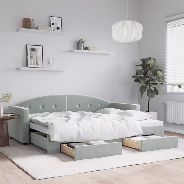 vidaXL Divano Letto con Cassetti in Velluto Grigio Chiaro L 200 x P 80 cm