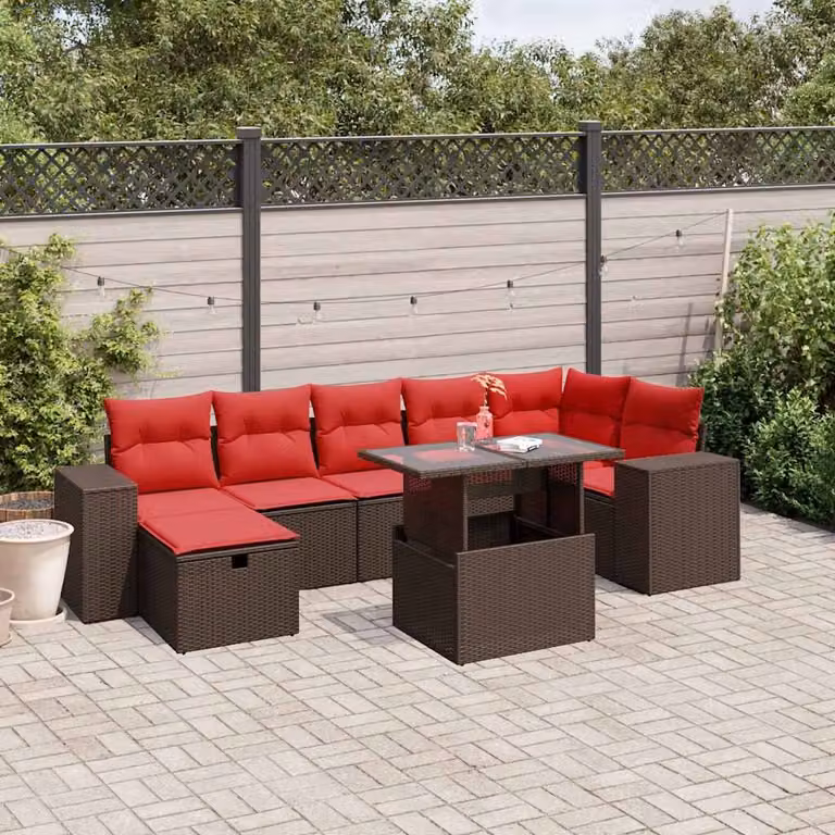 Set Divani da Giardino vidaXL 8 pz in Polyrattan Marrone con Cuscini e Tavolino da Esterno