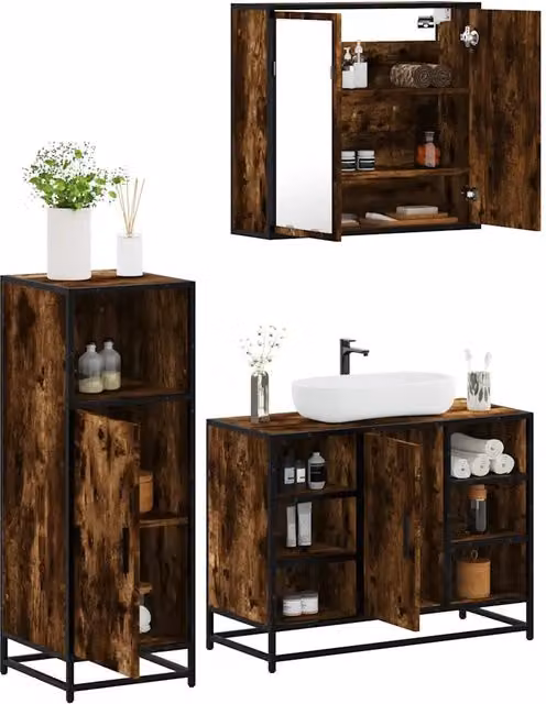 Set Mobili da Bagno 3 pz Rovere Fumo in Legno Multistrato 3300972