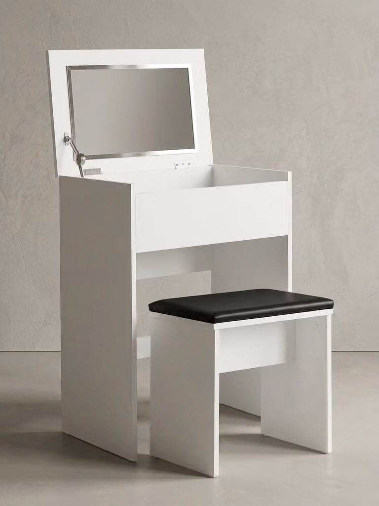 Comodino moderno con ripiano pieghevole e specchio, sgabello incluso, rivestimento in resina melaminica. 60x40x81 cm | Kadima Design
