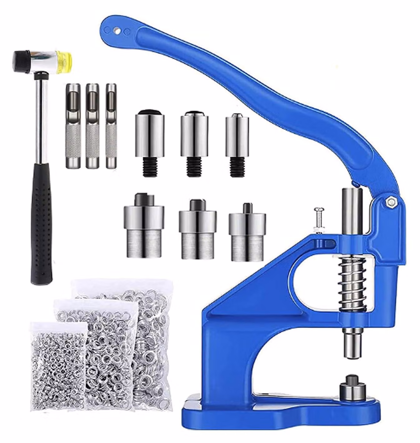 Set per la pressatura di occhielli, composto da una pressa manuale, 3 set di stampi e 1500 occhielli