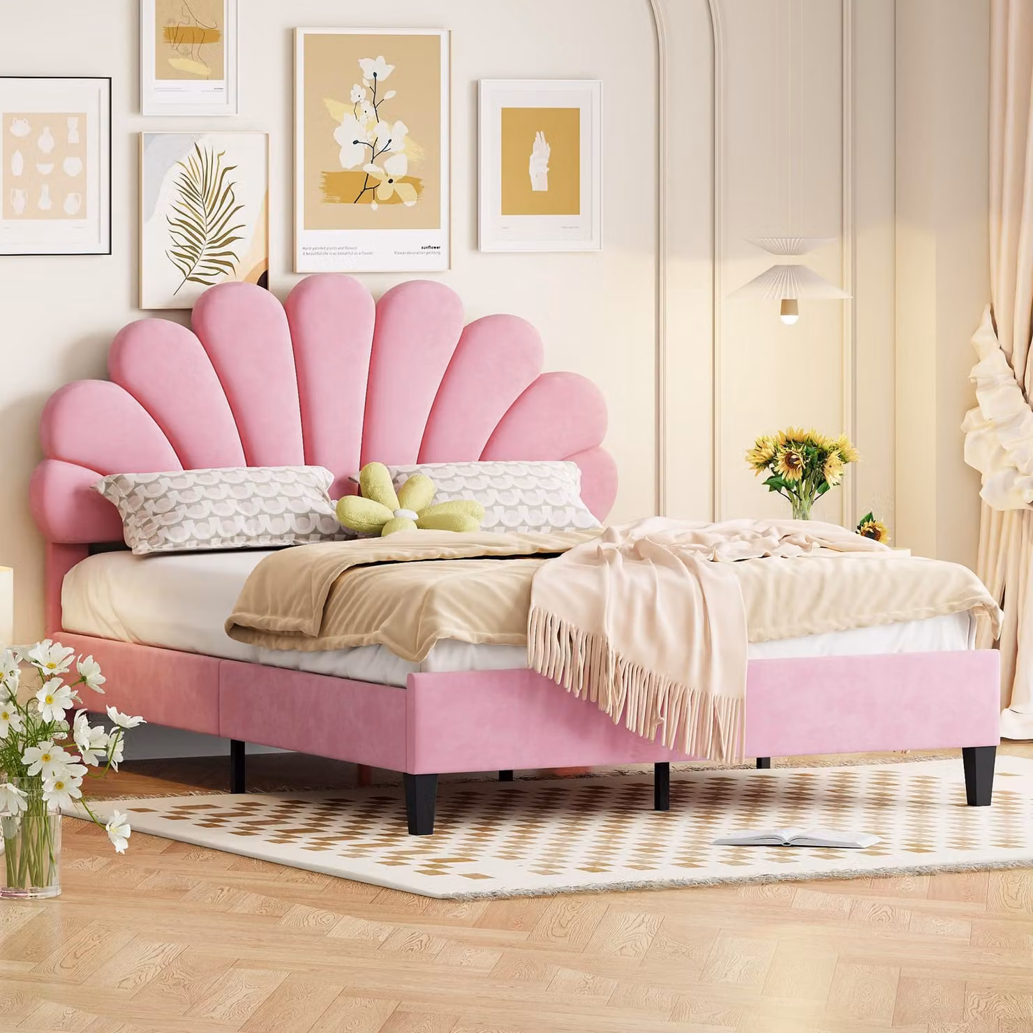 Letto imbottito Merax 140x200 cm con testiera a fiori in velluto, letto matrimoniale per ragazzi, letto per ospiti con struttura robusta, color rosa