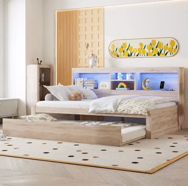 Letto 90x200 cm con letto estraibile; LED e presa USB in pannelli di particelle