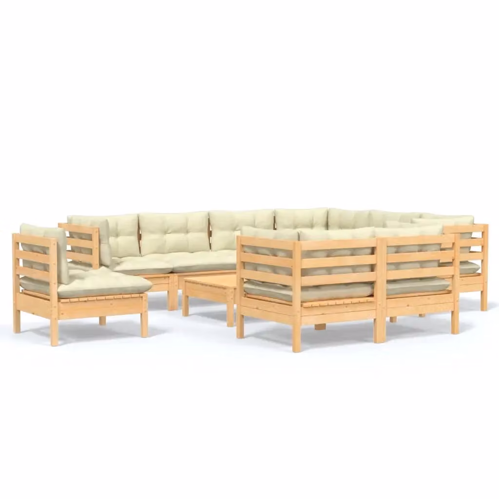 Set di Divani da Giardino vidaXL in Legno di Pino Massello con Cuscini Beige, Composizione a U con Elementi Angolari, Divani a 2 Posti e Pouf, 10 Pezzi – 2