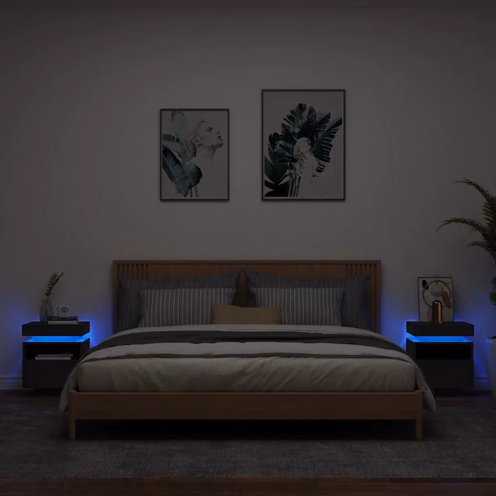 Set di 2 comodini moderni vidaXL con luci LED e porta USB, neri, L 40 cm x P 39 cm x H 48,5 cm
