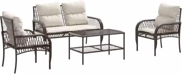 Set Divano da Giardino 4 pz | Set Salotto da Giardino con Cuscini Marrone in Polyrattan