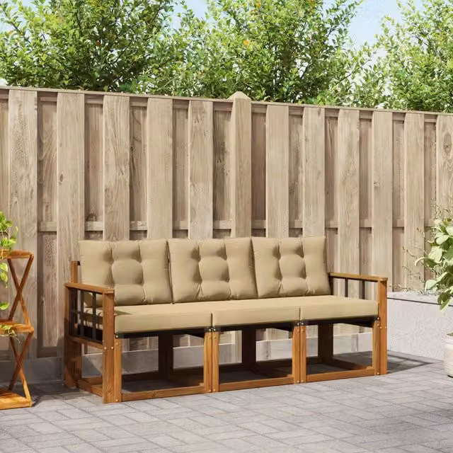 Set di divani da esterno 3 posti vidaXL in legno di acacia e textilene beige con cuscini inclusi – 1