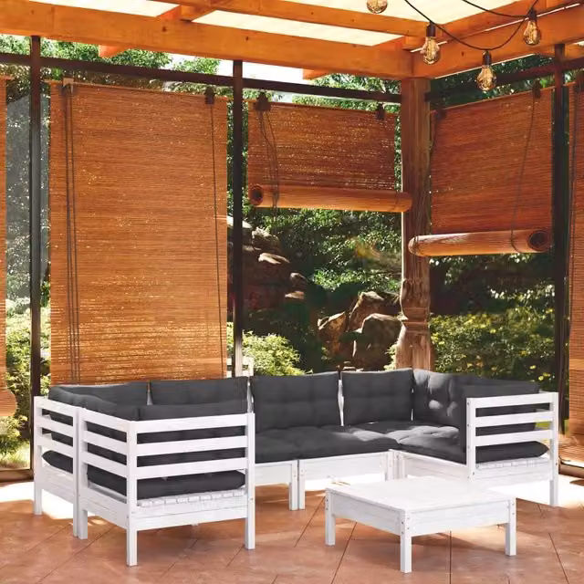 Set Divani da Giardino 7 pz con Cuscini Bianchi Legno di Pino 3097302