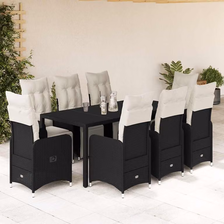Set Bistrò da Giardino e Balcone vidaXL 9 pz in Polyrattan Nero con Piano in Vetro