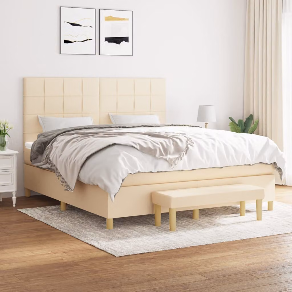 vidaXL Letto Ibrido con Giroletto a Molle e Materasso in Tessuto Beige e Bianco L/P: 180 x 200 cm