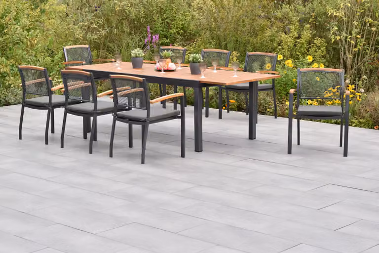 Set di mobili da giardino Merxx Tilos, 17 pezzi, 8 sedie impilabili con cuscini inclusi, tavolo allungabile 180 (250) x 100 cm – alluminio/acacia