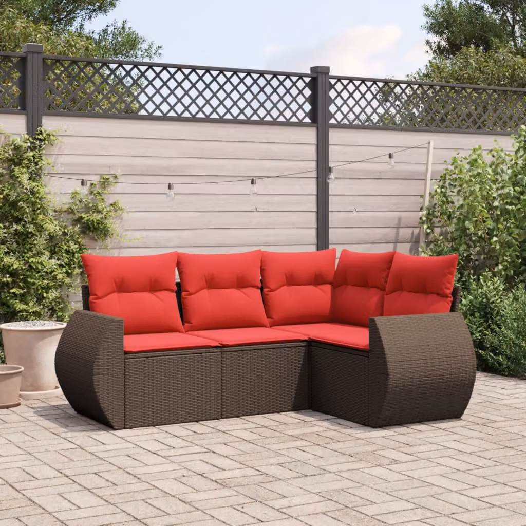 Set di divani da giardino vidaXL 4 pezzi a forma di L in rattan marrone con cuscini imbottiti e coperture rimovibili