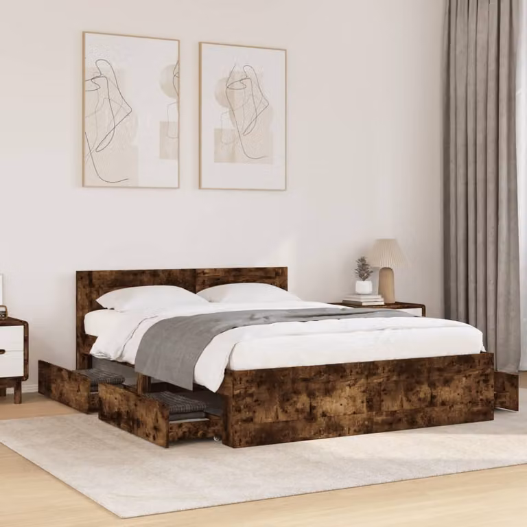 vidaXL Giroletto con Testiera in Rovere Fumo e Legno Multistrato, L/P/H: 200 x 140 x 69 cm