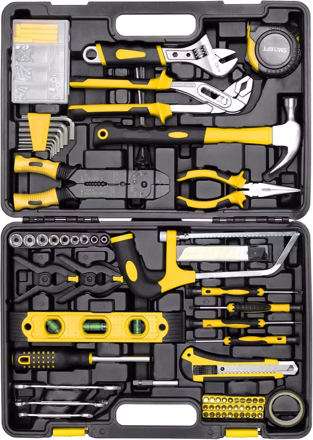 Kit di attrezzi da 218 pezzi - Set di attrezzi per auto - Include cacciaviti, bussole, pinze, martello - Adatto per uso domestico e automobilistico - Con custodia - Colore giallo