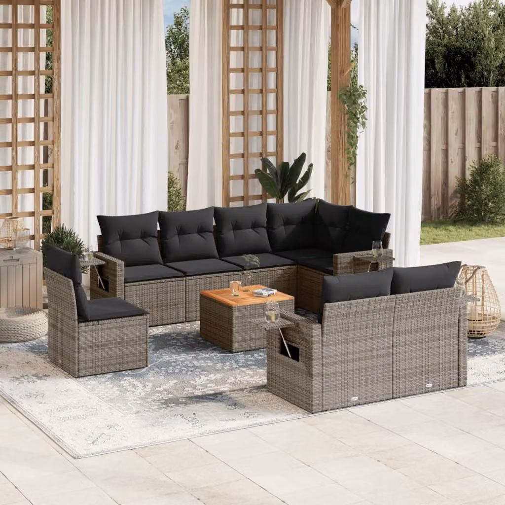 vidaXL Set Divano da Giardino a L in Polyrattan Grigio con 9 Pezzi e Cuscini – 1