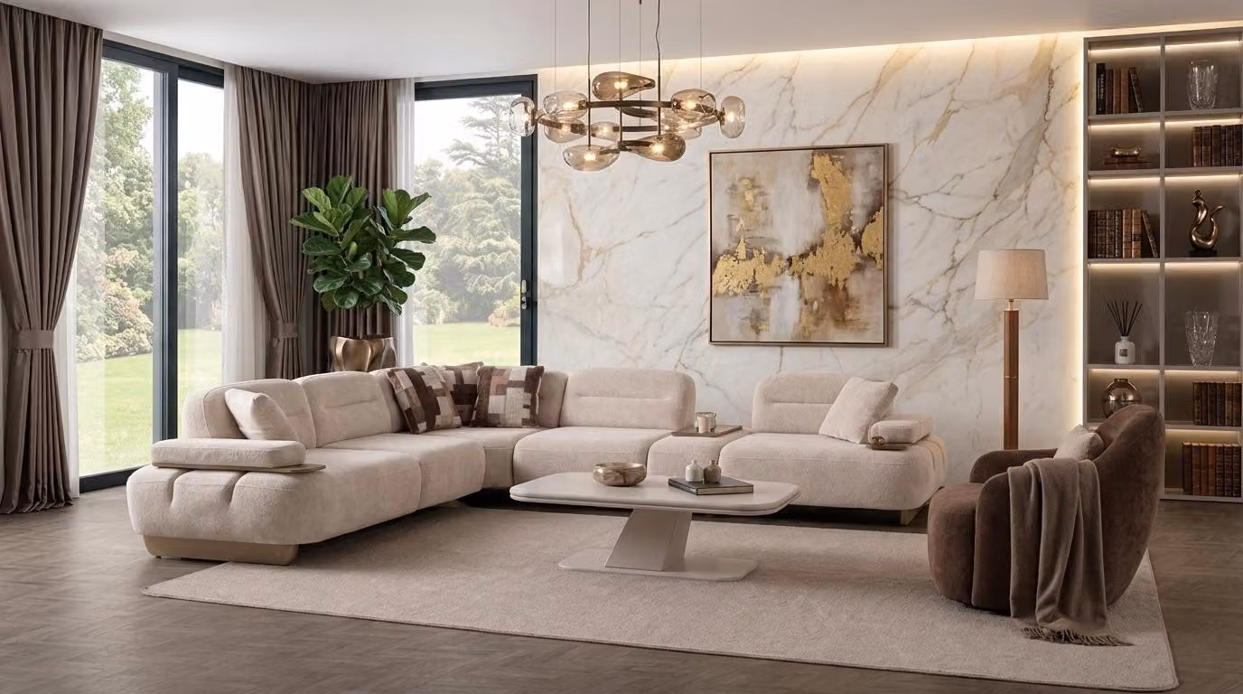 Divano angolare a forma di L, poltrona, stile moderno, colore beige, confortevole