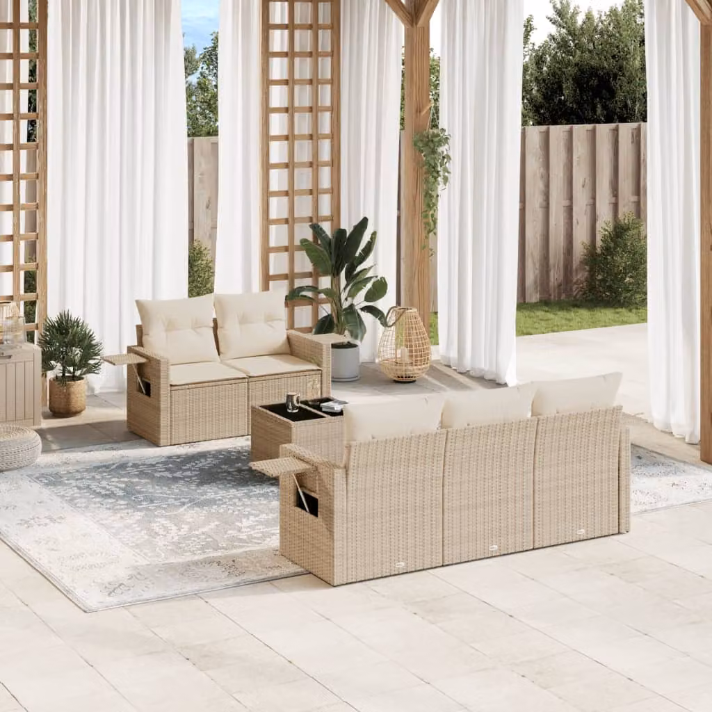 vidaXL Set Divano da Giardino 6 pz in Polyrattan con Cuscini Beige e Tavolino Moderno – 1
