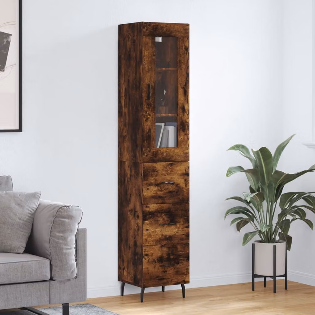 Credenza moderna vidaXL in legno e vetro color rovere fumo con ante in vetro, L/P/H: 34,5 x 34 x 180 cm