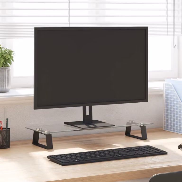 vidaXL Supporto per Monitor in Vetro Temperato e Metallo, Nero e Trasparente, L/P/H: 60 x 20 x 8 cm