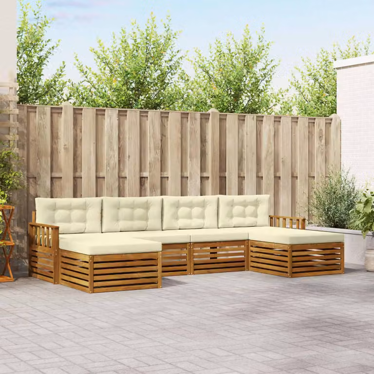 Set di divani da esterno vidaXL 6 pz in legno di acacia con pouf e cuscini, colore beige e bianco