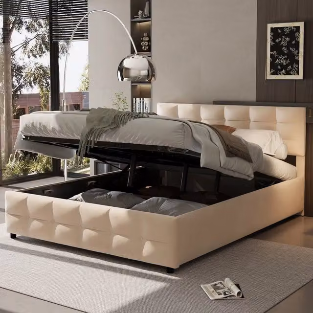 Letto imbottito contenitore ¨C Minimal ¨C Beige velluto 180x200cm con rete a doghe idraulico