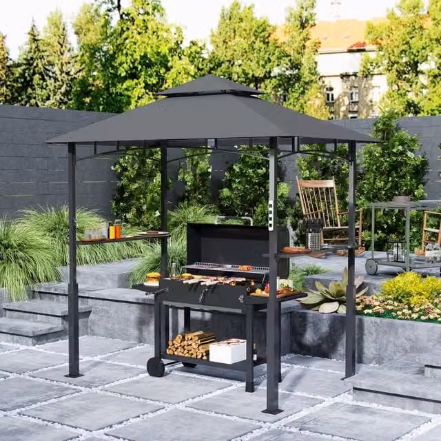 Gazebo da giardino OKWISH per barbecue con doppio tetto, illuminazione LED, mensole laterali e ganci per utensili, in metallo grigio antracite, L: 248 cm, P: 148 cm, H: 243 cm – 1