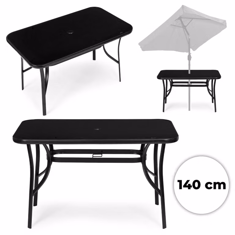 Tavolo da giardino 140x80 cm, piano in vetro temperato, foro per ombrellone, colore nero, marca MultiGarden
