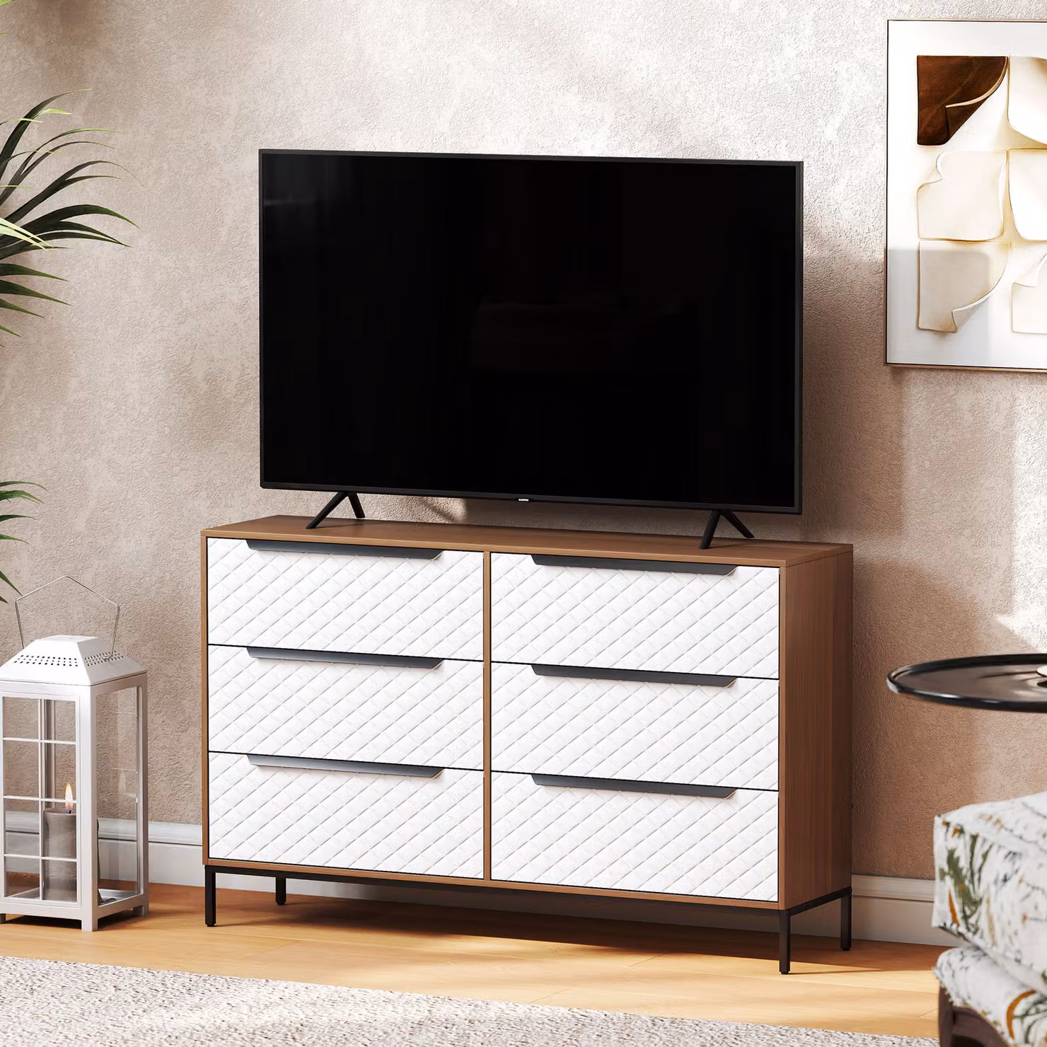 Cassettiera HOMCOM con 6 cassetti in legno naturale e frontali in tessuto con motivo a diamante, L: 117.5 cm, P: 30 cm, H: 73.5 cm – 2