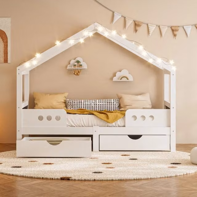 Letto bambino 90×200 cm con tetto, 2 cassetti e lavagna sulla testiera, senza materasso, legno, bianco