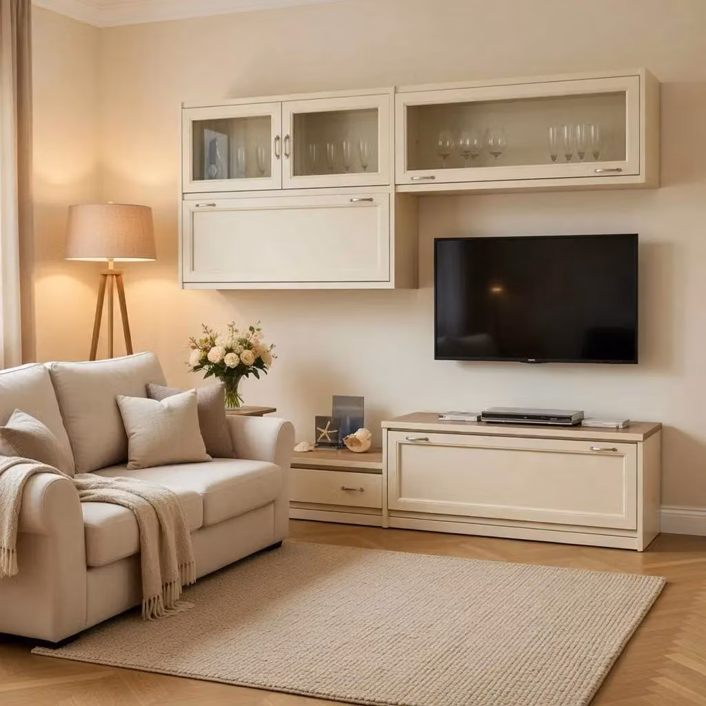 Parete attrezzata in legno di pino stile shabby chic color bianco e beige Mobili 2G L: 209 cm, P: 36/60 cm, H: 200 cm – 3