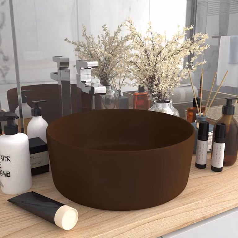 Lavandino da appoggio rotondo vidaXL in ceramica marrone scuro opaco L: 40 cm, P: 40 cm, H: 15 cm
